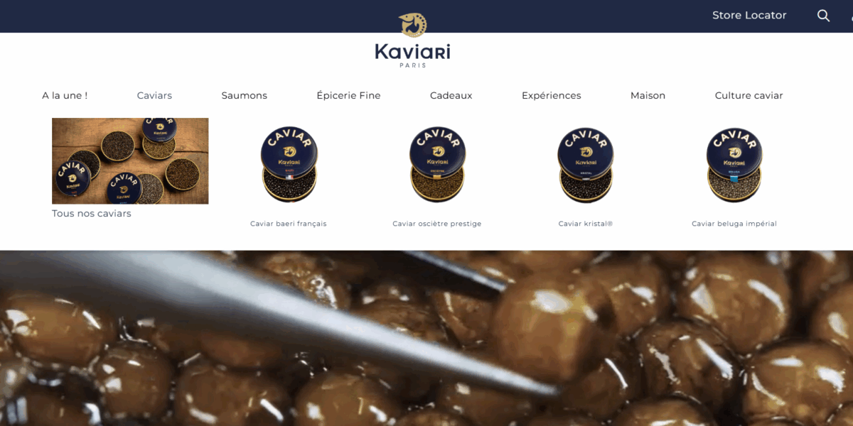 Homepage du site e-commerce Kaviari